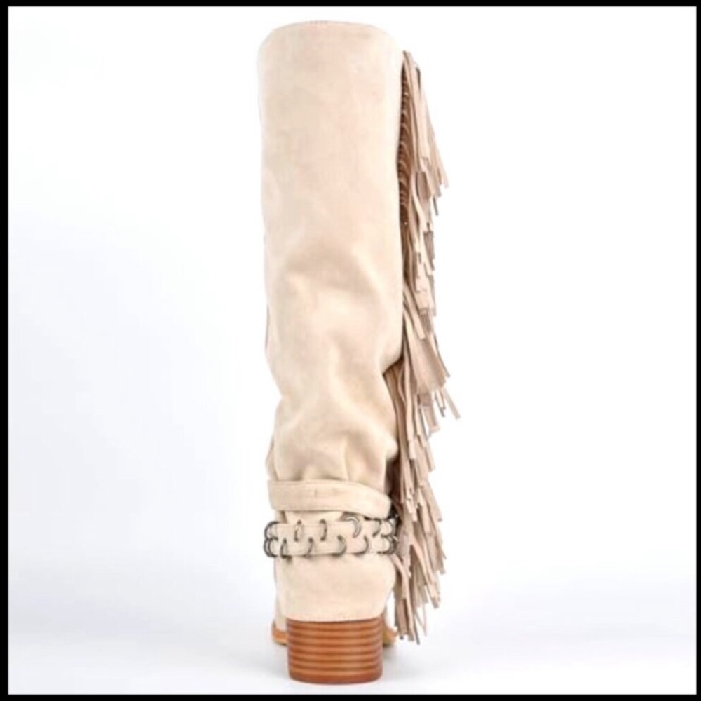 Knee High Riding Boots Fringe Tassels Chunky Heel Square Toe Boho Chic - Picture 6 of 7